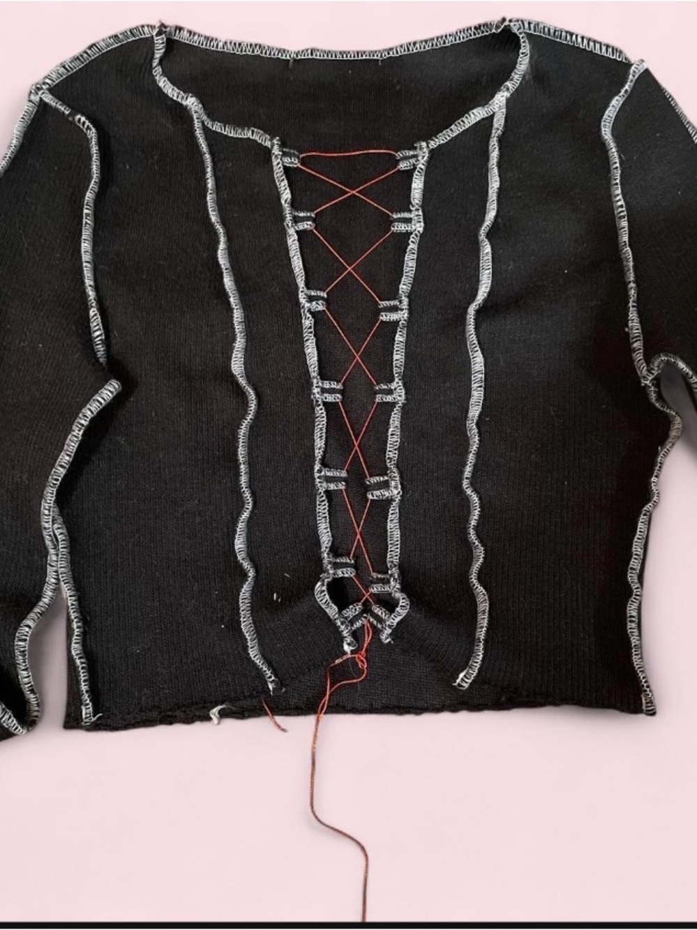 Black Lace-Up Contrast Stitch Crop Top with Red Cord